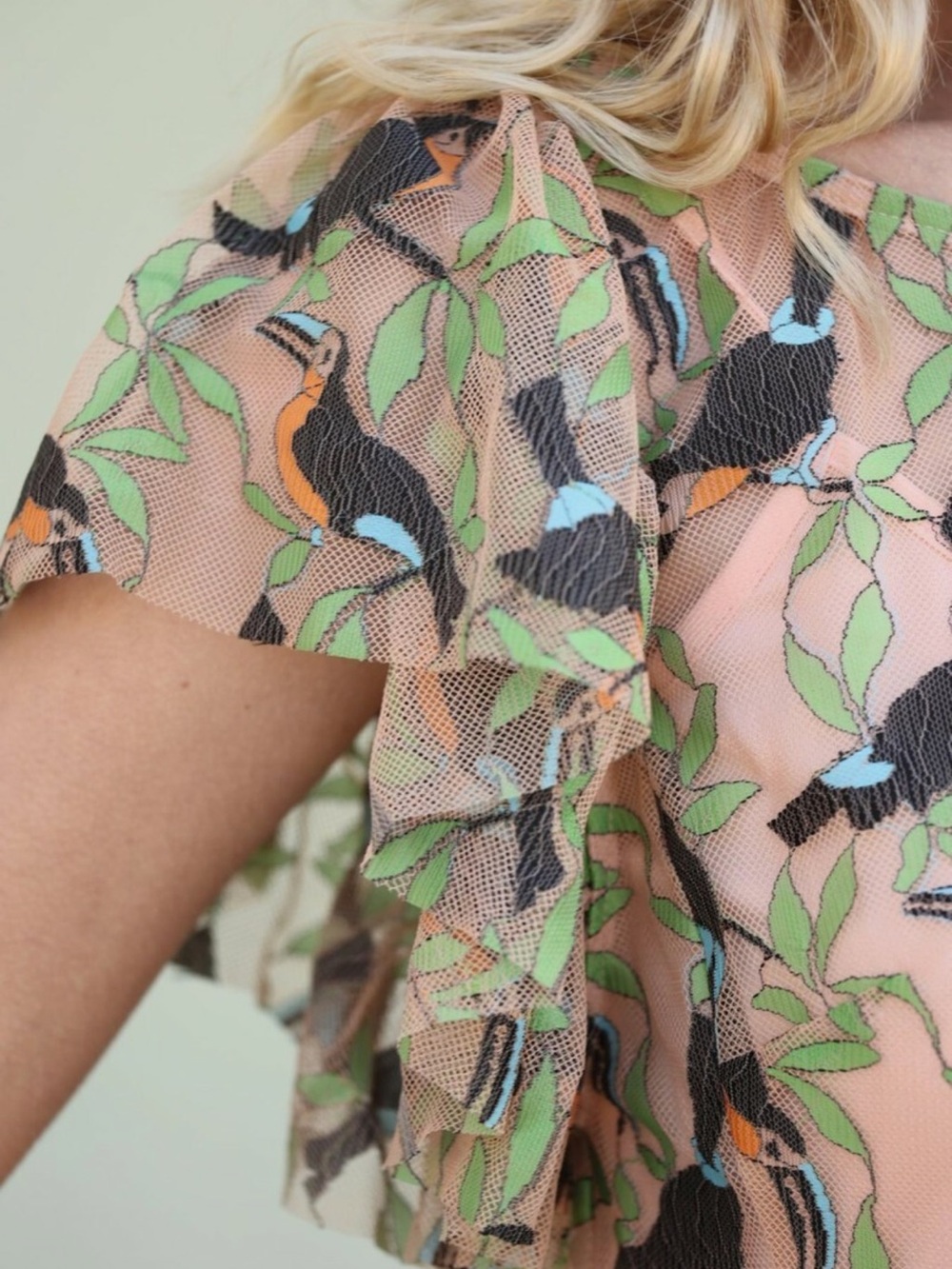 Anthropologie Eva Franco Toucan Print Ruffle Sleeve Top - Picture 2 of 5